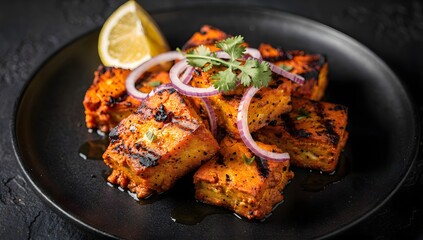 Fototapeta premium juicy paneer tikka with onion and lemon slices on a black plate