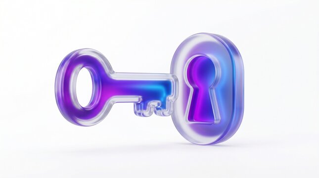 Elegant 3D glassmorphic key inserting into keyhole lock icon, transparent glass data safety and cyber security access symbol with luminous purple gradient, tech login ass