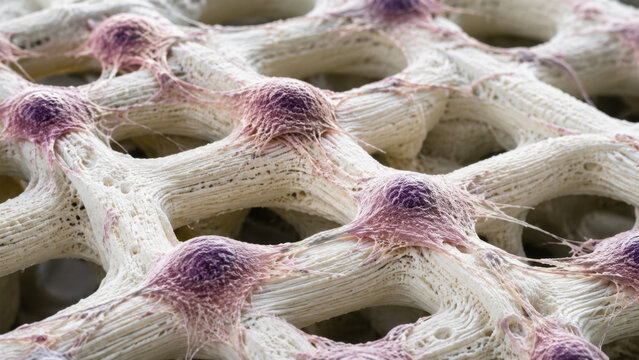 Fascinating microscopic view revealing cellular attachment zone on printed polymer degradable bone structure highlighting intricate biological engineering