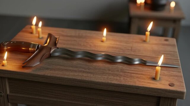 Candlelit sword on wooden table indoors.