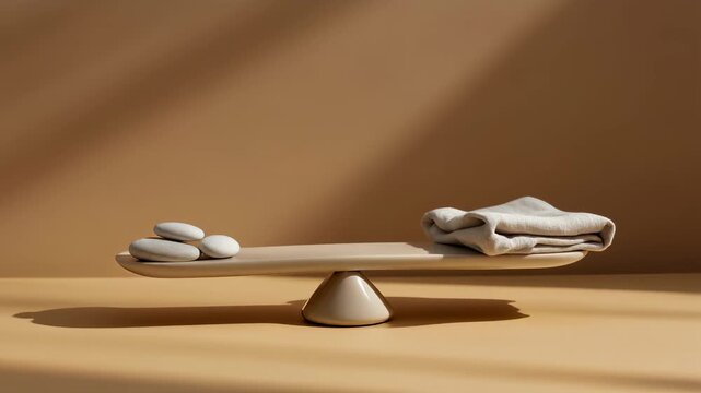 Balance scale with white stones on one side and folded fabric on the other