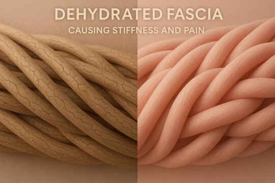 Medical comparison showing dehydrated dry brittle brown fascia fiber versus hydrated plump pink fascia fiber closeup demonstrating tissue health mobility wellness impact