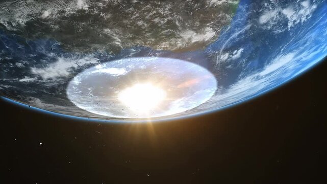 Animation of a massive asteroid hitting planet Earth. Cinematic cosmic impact causing a giant explosion and shockwave on the world surface seen from space.
