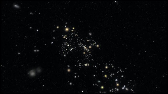 Animation of the expansion of the universe with moving galaxies. Cosmic big bang theory showing space acceleration and distant stars drifting apart in the deep cosmos.