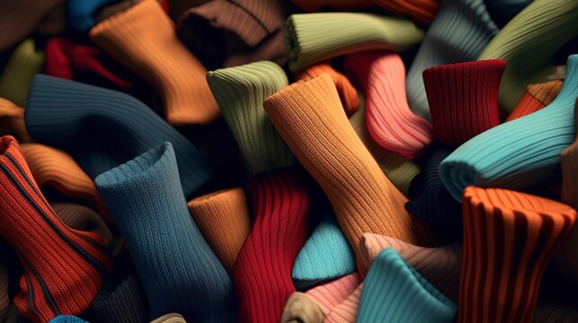 A photo of colorful socks and legwear folded neatly