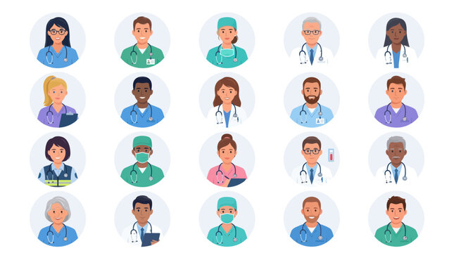 Diverse group of medical staff avatars in circle frames.