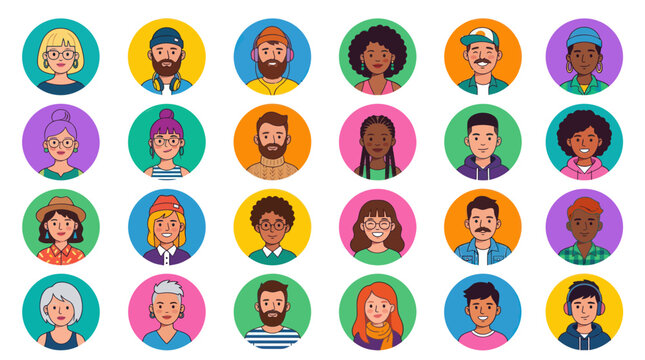 Diverse group of people avatars in colorful circular frames.