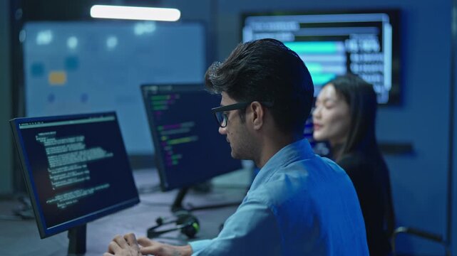 Professional male IT specialist wearing glasses works on programming code on a computer screen while collaborating with a colleague in a modern high-tech office environment.