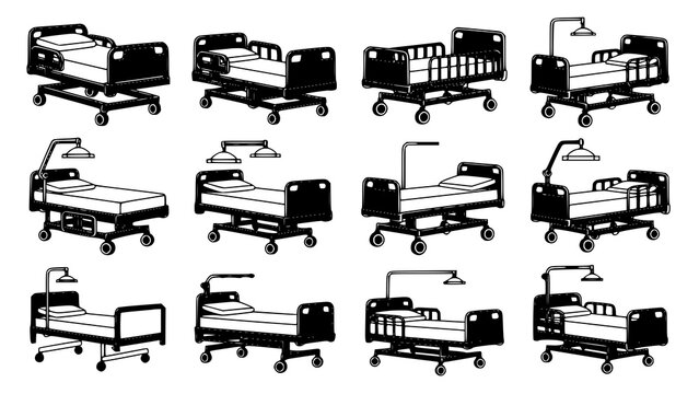 Icon set of adjustable patient hospital beds with overhead traction frames, hospital