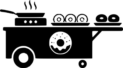 Black and white illustration of a food cart with a frying pan, donuts, and pastries on a tray, serving sweet treats. © Sarfaraz