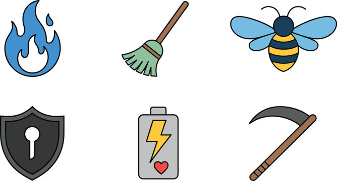 Gaming Interface and Fantasy Icon Vector Set Featuring Blue Flame Witch Broom Magic Bee Shield Battery and Scythe Outline Symbols for Video Game Design