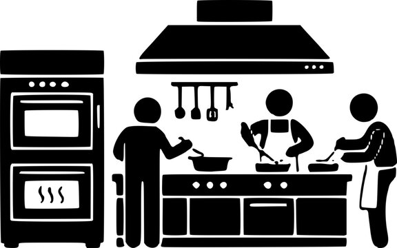 Black silhouette illustration of people cooking together in a modern kitchen with oven and range hood, preparing a meal.