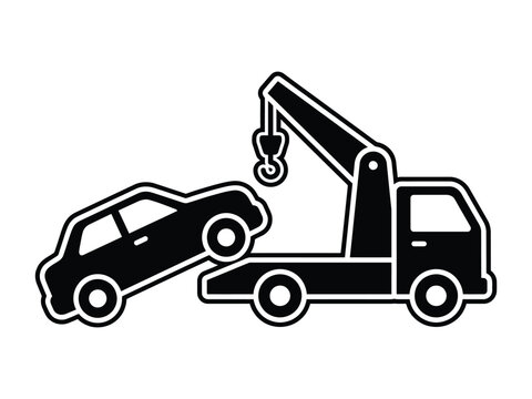Tow truck carrying car icon vector illustration towing vehicle service symbol black silhouette.