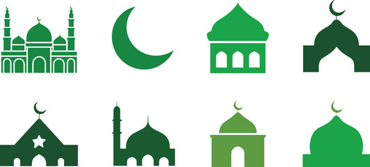 Islamic Ramadan Green Silhouette Icon Set Featuring Mosque Buildings Minarets and Crescent Moon Symbols for Holy Mubarak Celebrations © Ismail