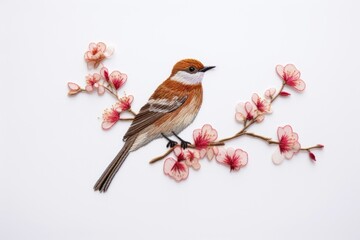 Fototapeta premium Cute bird in embroidery style animal flower plant.