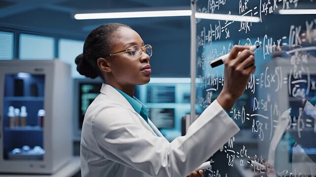 African American female scientist writing complex equations on a glass board in a modern laboratory.