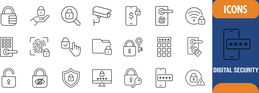 Digital security and privacy icons. padlock icon set, fingerprint icon set, camera icon set