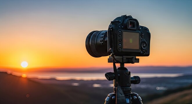 Camera on tripod capturing sunset over landscape scenery photography