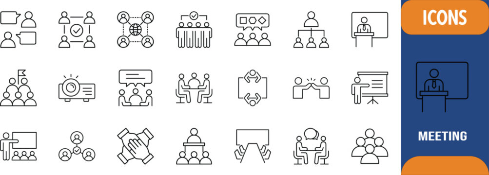 Business meeting teamwork and collaboration icons. projector icon set, whiteboard icon set, podium icon set