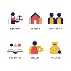 Fototapeta premium A collection of six social policy icons with text labels for equality and health in navy blue red and yellow tones on a white background.