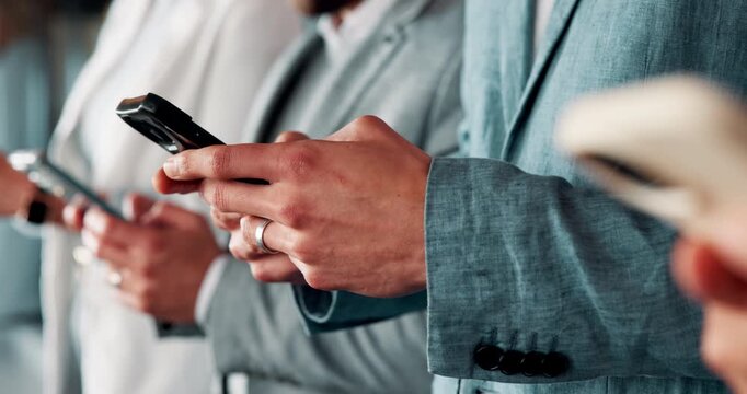 Hands, phone and typing with professional people, communication or texting for community forum. Business employee group, chat and online conversation in line for feedback, social media or platform