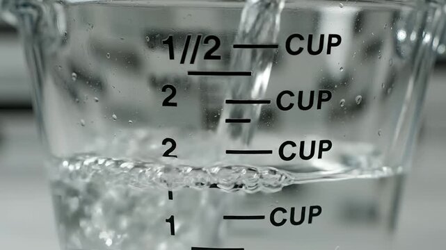 Clear liquid being poured into a glass measuring cup with markings.