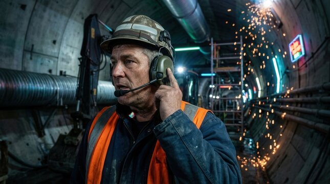 Engineer In A Tunnel, Communicating, With Sparks And Infrastructure In The Background