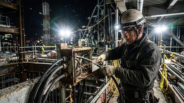 Engineer Working With Electric Wires on a Construction Site at Night