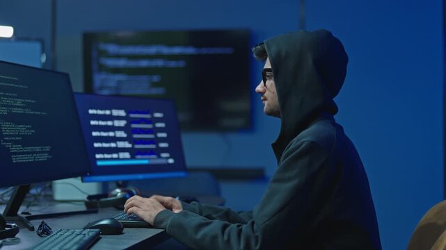 Hacker in a dark hoodie works on a computer with code and data on multiple screens in a dark blue lit room at night, symbolizing cyber crime and threat.