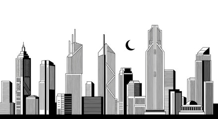 Obraz premium Minimalist black and white city skyline with crescent moon at night