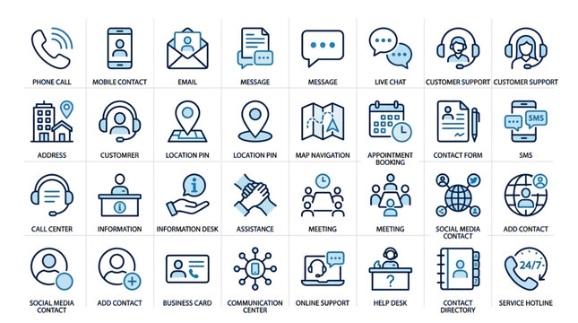 Collection of flat design communication and contact icons on light background minimalist style