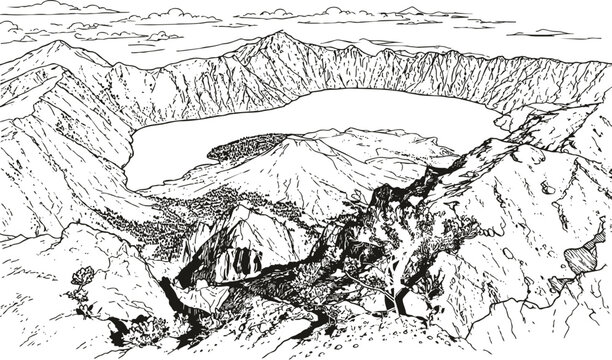 Line art vector illustration depicting the panorama of Mount Rinjani with Lake Segara Anak as the main element. The use of simple lines highlights the natural contours and the character of the mountai
