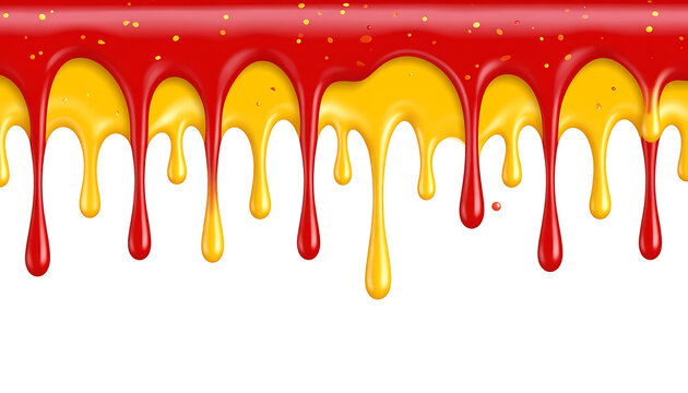 Red and yellow liquid drips with golden speckles, abstract food or paint background with flowing texture