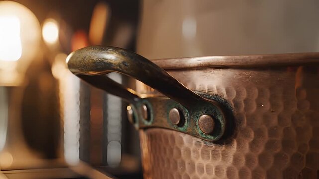 Closeup of a vintage hammered copper pot with a dark handle.