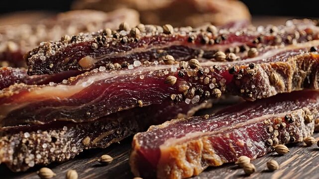Closeup of delicious cured meat strips seasoned with peppercorns on a wooden surface.
