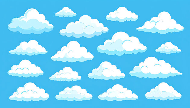 Pixel art collection of fluffy white clouds in various shapes and sizes against a clear blue sky background, retro computing style