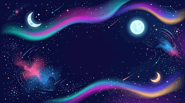 Abstract galaxy flat vector background, floating moons and colorful aurora gradients, spacious center aesthetic layout

