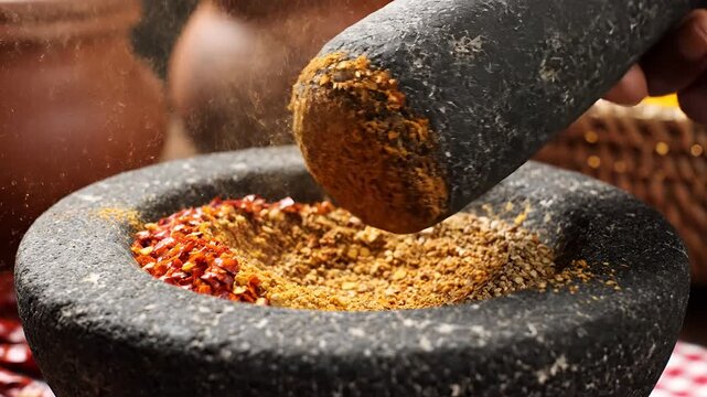 Closeup of spices being ground in a traditional stone mortar and pestle.