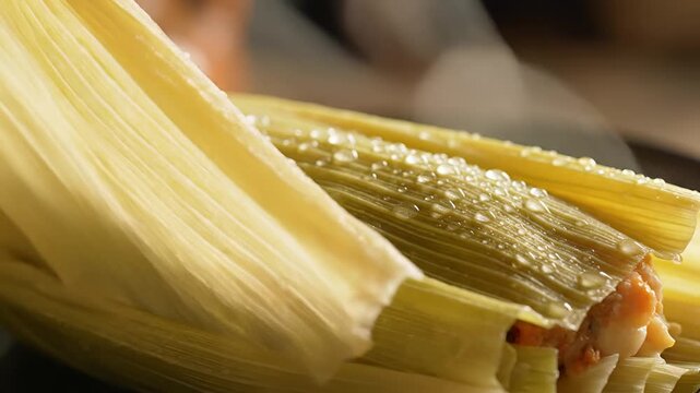 Closeup of Steaming Tamales Wrapped in Corn Husks.