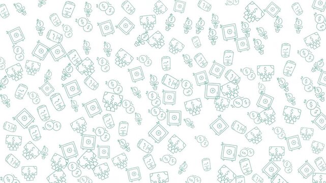 Dynamic seamless loop of abstract financial icons. Features money bags, growing dollar plants, mobile banking apps, and coin stacks on a clean white background, symbolizing business growth,