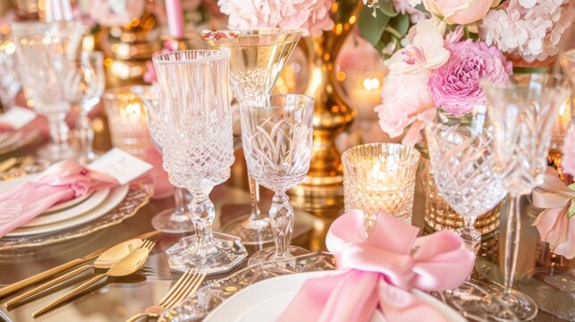 Elegant Pink Floral Table Setting with Crystal Glassware and Gold Cutlery for Wedding Reception