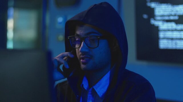 Hooded hacker wearing glasses talks on a smartphone in front of glowing code screens in a dark blue lit room at night, representing cyber crime and online fraud.