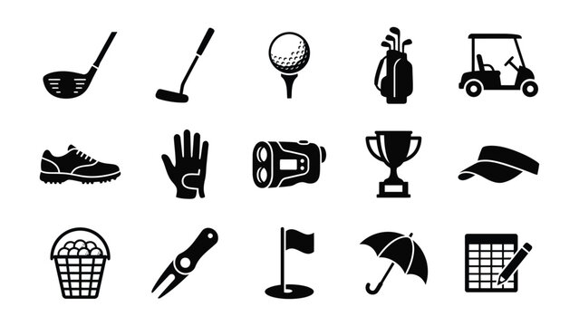 Black golf icons set including clubs, ball, bag, cart, shoe, glove, scorecard