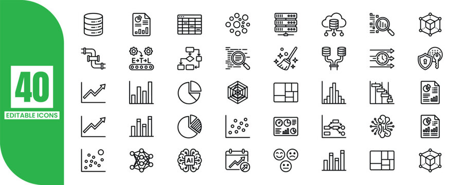 Data analytics icon set business intelligence machine learning and database management graphics.