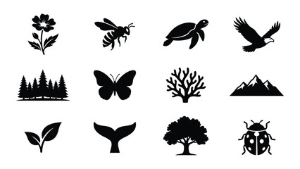 Obraz premium Black silhouettes of nature icons and animals