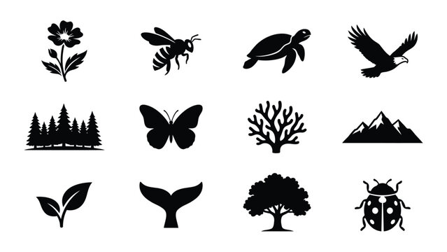 Black silhouettes of nature icons and animals