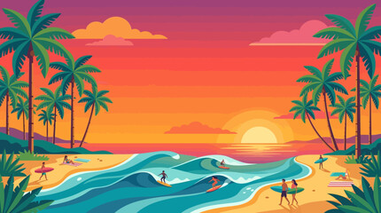 Summer surf flat vector background, beach waves, palm trees and sunset gradients, clean center for travel or event promotion   © Maftuh