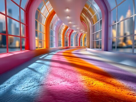 Vibrant Interior Corridor with Arched Windows and Colorful Lighting