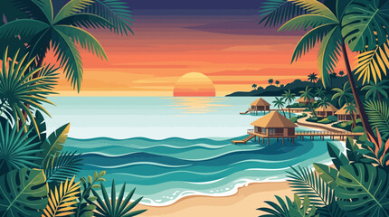 Elegant tropical resort flat vector background, palm leaves, sunset gradients and ocean waves, clean center for luxury travel poster   © Maftuh