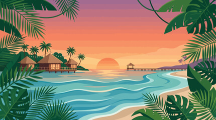 Elegant tropical resort flat vector background, palm leaves, sunset gradients and ocean waves, clean center for luxury travel poster   © Maftuh